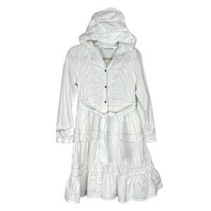 White Linen Hooded Utility Jacket Dress with Tie Waist